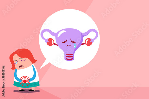 Obraz na płótnie cute cartoon flat vector, illustration emotion woman cry because uterus pain , imflammation, endometritis. w salonie