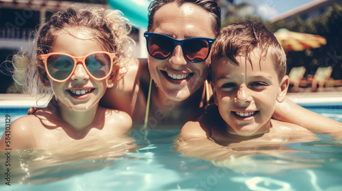 Happy family has fun in the pool and enjoys the summer vacation. Generative Ai