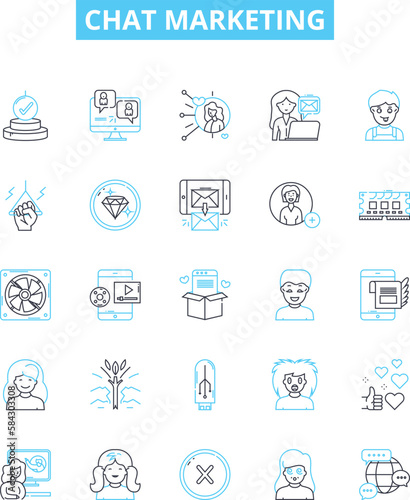Chat marketing vector line icons set. Chat, Marketing, Automation, Engagement, Social, Strategy, Chatbot illustration outline concept symbols and signs