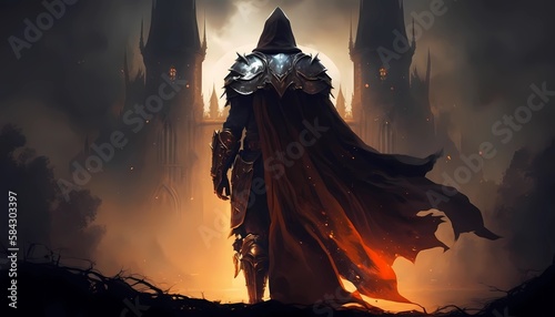 Dark fantasy knight in shining armor, cape, sword, castle, sunrise, digital art, artistic. Generative AI.