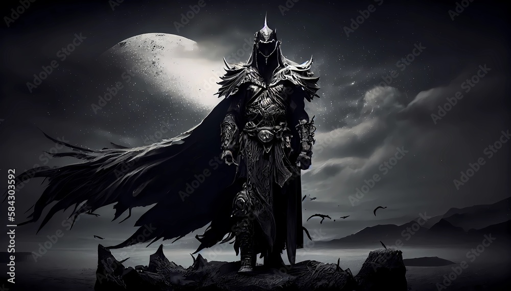 Dark fantasy knight in shining armor, cape, sword, castle, sunrise, digital art, artistic. Generative AI. Dark fantasy knight in shining armor, cape, sword, castle, sunrise, digital art, artistic. Generative AI.