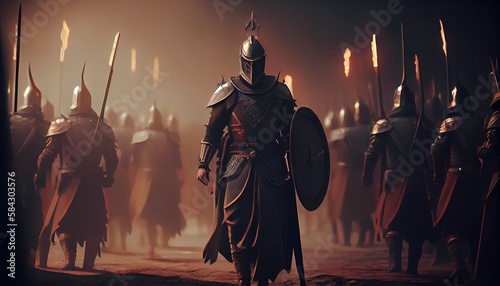 Dark fantasy knight in shining armor, cape, sword, castle, sunrise, digital art, artistic. Generative AI.