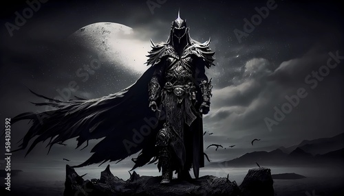 Dark fantasy knight in shining armor  cape  sword  castle  sunrise  digital art  artistic. Generative AI.
