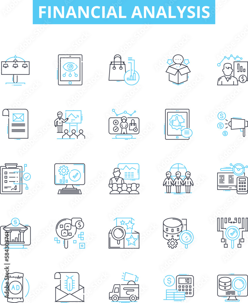 Financial analysis vector line icons set. Finance, Analysis, Financial, Accounting, Investing, Report, Budgeting illustration outline concept symbols and signs