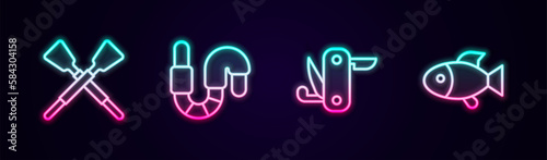 Set line Crossed oars or paddles boat, Worm, Swiss army knife and Fish. Glowing neon icon. Vector