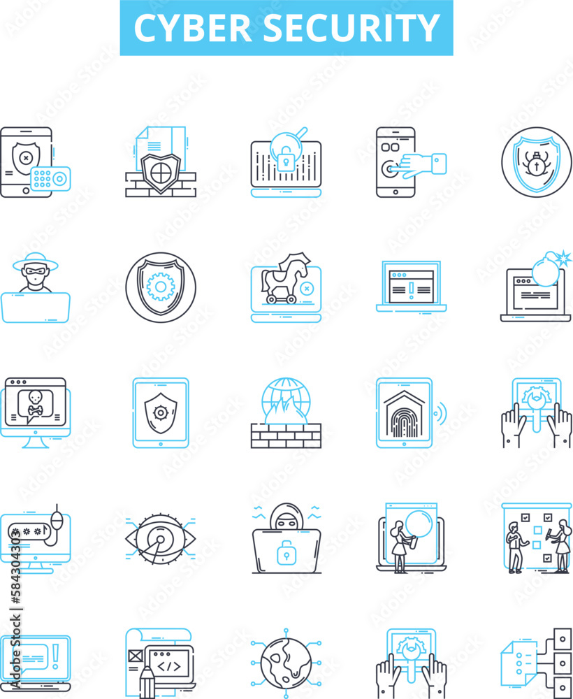 Cyber security vector line icons set. Cybersecurity, Cybercrime, Hacking, Encryption, Firewalls, Antivirus, Patching illustration outline concept symbols and signs