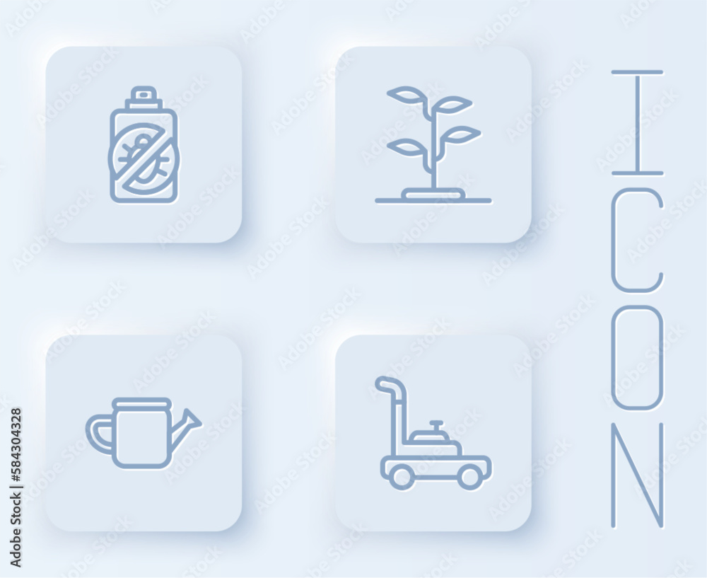 Set line Spray against insects, Sprout, Watering can and Lawn mower. White square button. Vector Set line Spray against insects, Sprout, Watering can and Lawn mower. White square button. Vector