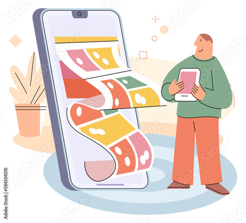 Young person man with phone uses applications and searches for information on Internet, phone or internet addiction concept, serious thinking teen boy with smartphone. People and digital gadget