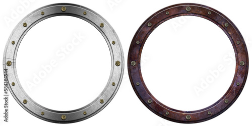 Two metal portholes with bolts isolated on white or transparent background, 3d illustration. Png. photo