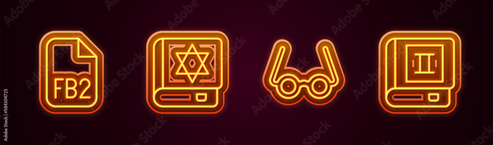 Set line FB2 File, Jewish torah book, Glasses and Book. Glowing neon icon. Vector Set line FB2 File, Jewish torah book, Glasses and Book. Glowing neon icon. Vector