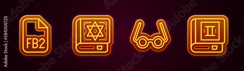 Set line FB2 File, Jewish torah book, Glasses and Book. Glowing neon icon. Vector