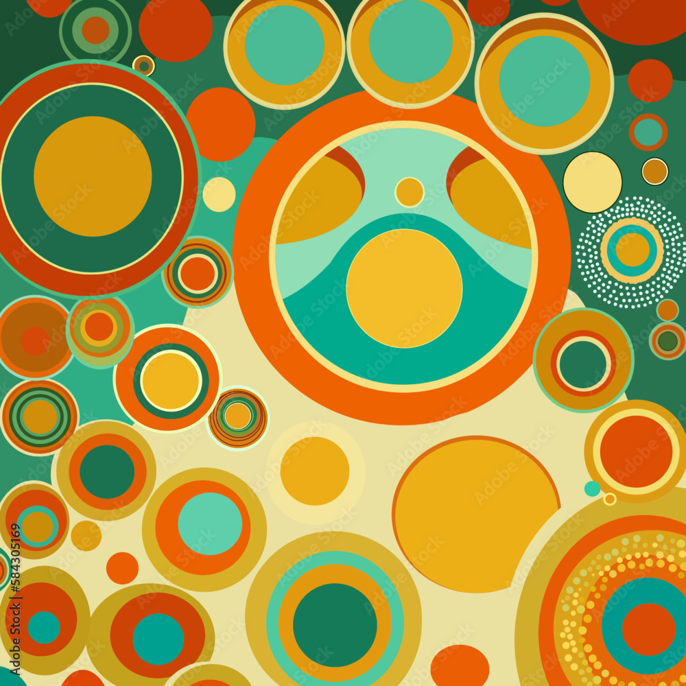 Fototapeta premium Poster in retro style of the 70s, Flowers, circles, abstraction and psychedelic patterns. Bright and warm color palette, shades of orange, yellow, green and pale blue
