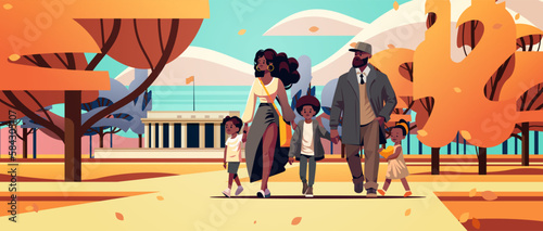 parents and little children walking together in urban park mother father and kids standing together parenthood