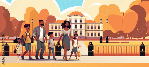 parents and little children walking together in urban park mother father and kids standing together parenthood big family