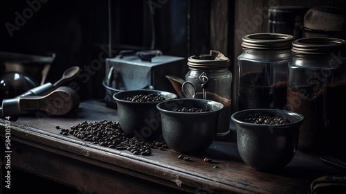 Coffee Beans On Table in a Rustic Caf  