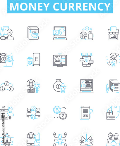 Money currency vector line icons set. Money, Currency, Dollars, Euro, Pound, Yen, Rupee illustration outline concept symbols and signs