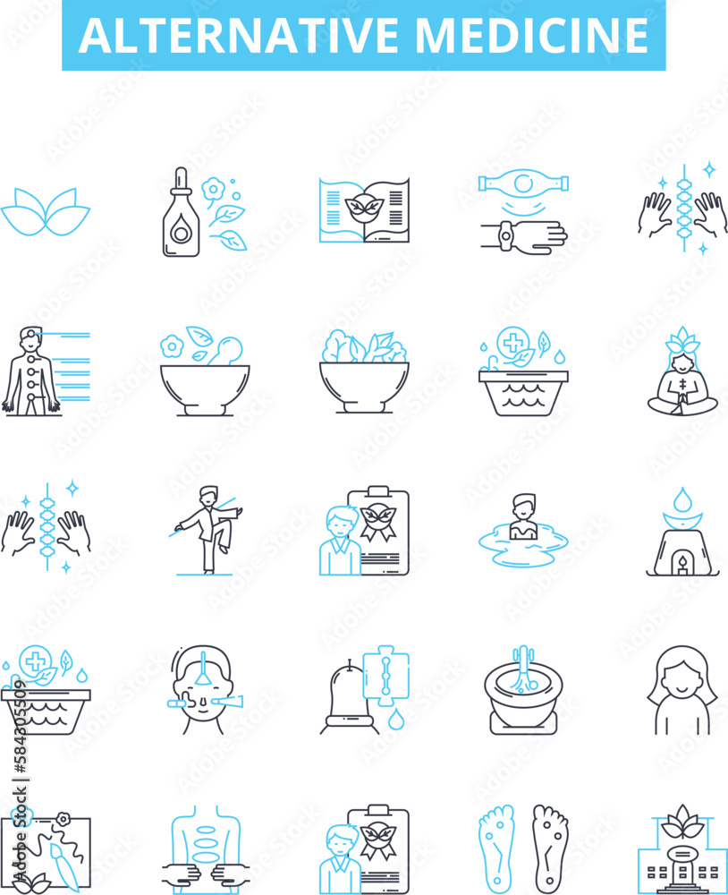 Alternative medicine vector line icons set. Holistic, Naturopathy, Homeopathy, Acupuncture, Ayurveda, Reiki, Aromatherapy illustration outline concept symbols and signs Alternative medicine vector line icons set. Holistic, Naturopathy, Homeopathy, Acupuncture, Ayurveda, Reiki, Aromatherapy illustration outline concept symbols and signs