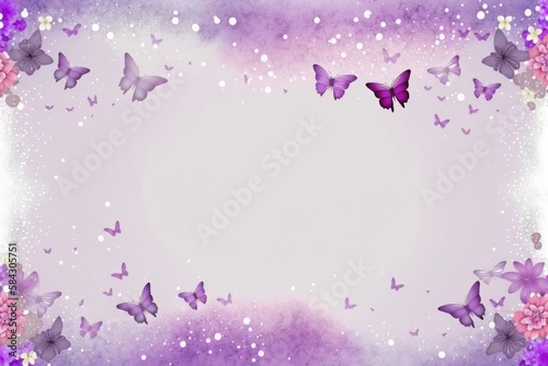 Lilac Mist Background Silhouettes Glitter And Flowers And Butterflies Postcard. Generative AI