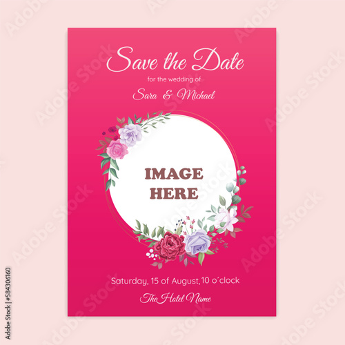 A pink wedding invitation with a picture of a couple