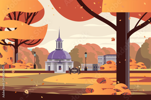 front view of administrative governmental traditional classic building and church in public autumn city park