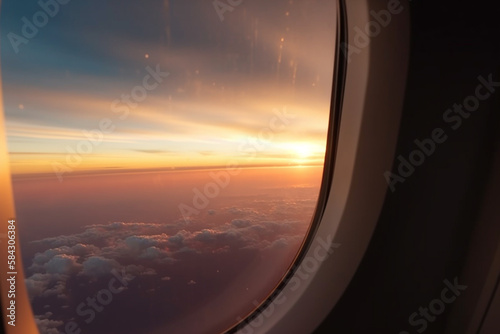 Beautiful scenic city view of sunset through the aircraft window, airplane Generative AI photo