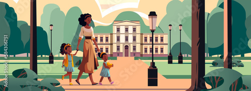 mother and little children walking in urban park together woman spending time with kids outdoor motherhood happy family