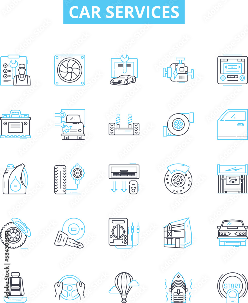 Car services vector line icons set. Car, services, repair, maintenance, oil, change, brakes illustration outline concept symbols and signs