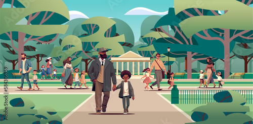 parents and little children walking together in park people performing leisure activities outdoors
