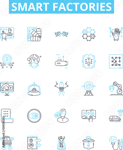 Smart factories vector line icons set. Smart, Factories, Industry, Automation, Internet, Robotics, Connected illustration outline concept symbols and signs