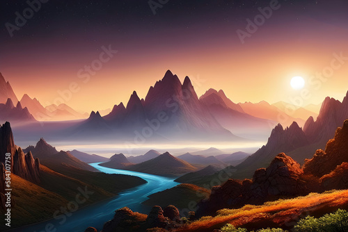 mystical landscape with craggy mountains and rivers on an extrasolar planet  wallpaper