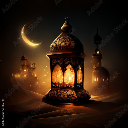 Ornamental arabic lantern with lighted candle glowing at night. Background ramadan light.