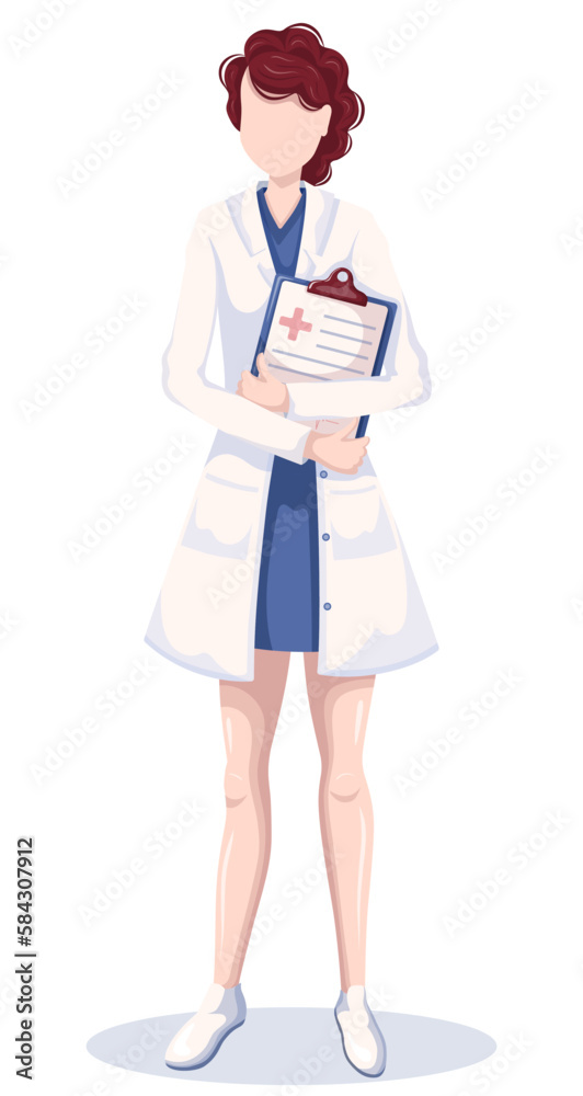 The woman doctor in white uniform holding clipboard. Medicine, therapy and healthcare concept. Isolated vector illustration for flyer, poster, banner. The woman doctor in white uniform holding clipboard. Medicine, therapy and healthcare concept. Isolated vector illustration for flyer, poster, banner.