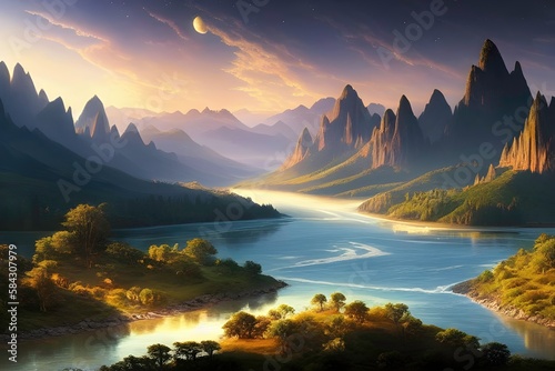 mystical landscape with craggy mountains and rivers on an extrasolar planet, wallpaper