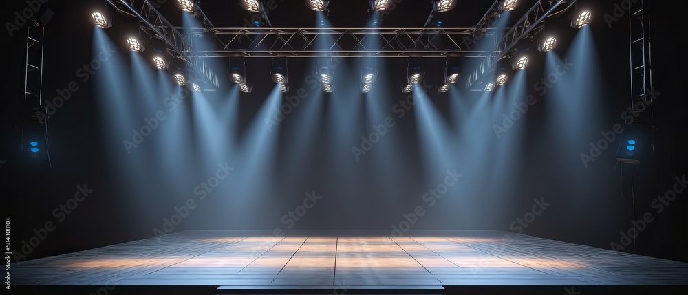 Stage for performances with lighting. The stage is set up with