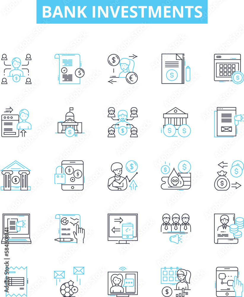 Bank investments vector line icons set. Savings, Stocks, Bonds, Mutual Funds, Funds, Assets, Mortgage illustration outline concept symbols and signs