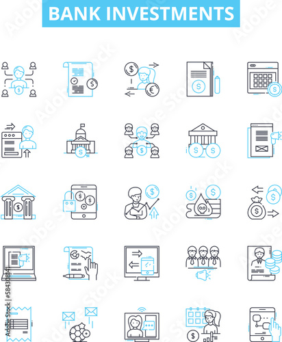Bank investments vector line icons set. Savings, Stocks, Bonds, Mutual Funds, Funds, Assets, Mortgage illustration outline concept symbols and signs