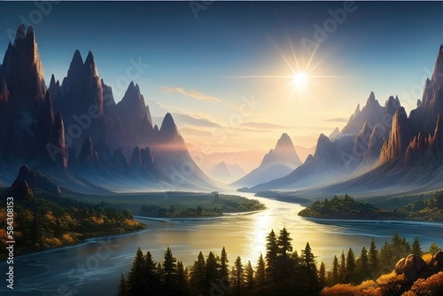 mystical landscape with craggy mountains and rivers on an extrasolar planet, wallpaper © iamkova