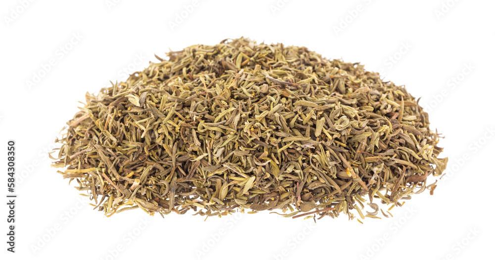 Side view of a portion of organic thyme leaf isolated on a white background. Side view of a portion of organic thyme leaf isolated on a white background.