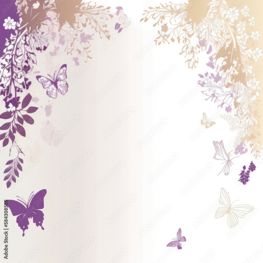 Ivory White Soft Mauve Background Glitter Silhouettes Flowers Butterflies Square Card.. Generative AI