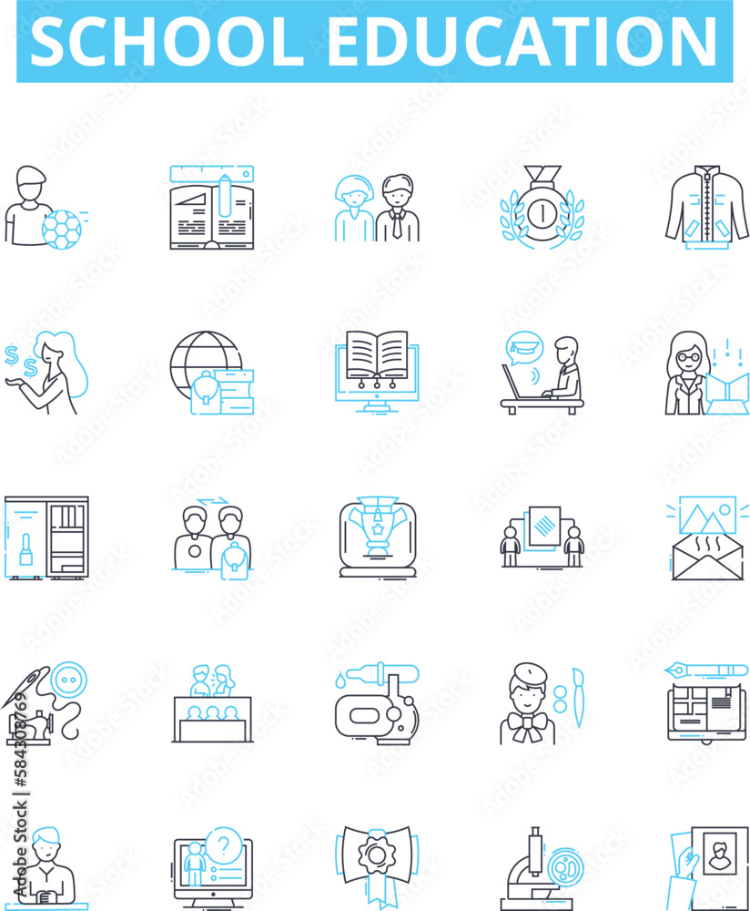School education vector line icons set. School, Education, Learning, Knowledge, Classroom, Students, Teacher illustration outline concept symbols and signs School education vector line icons set. School, Education, Learning, Knowledge, Classroom, Students, Teacher illustration outline concept symbols and signs