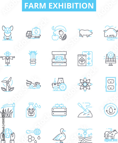 Farm exhibition vector line icons set. Farm, exhibition, agriculture, show, livestock, crops, animals illustration outline concept symbols and signs
