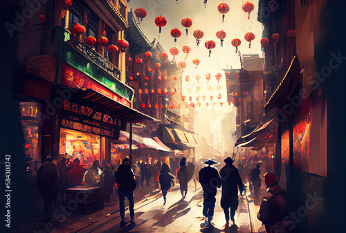 Crowd Chinese tourists in Chinatown street with Chinese lantern background. People lifestyle and Chinese New Year concept. Digital art illustration. Generative AI