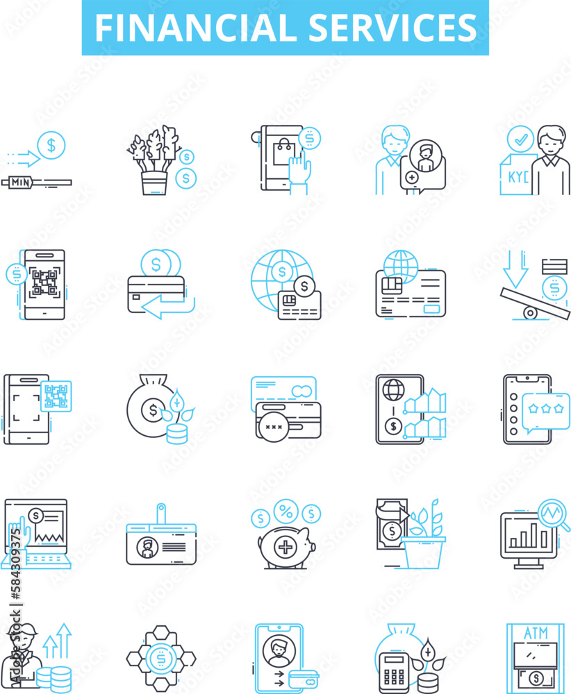 Financial services vector line icons set. Finance, Banking, Payments, Investment, Insurance, Wealth, Loan illustration outline concept symbols and signs