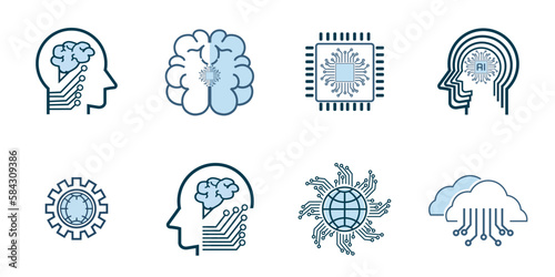 Groups of technology icon set, such as robot, digital, vr, ai, cyber Artificial Intelligence groups Related Vector Line Icons. Contains such Icons as AI processing, Algorithm