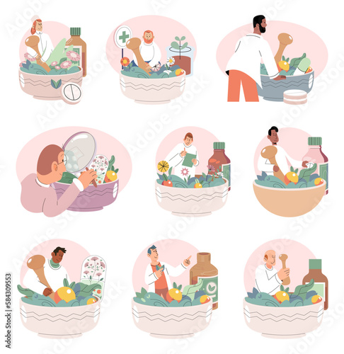 Doctor checking medicinal herbs. Natural herbal medicine selection. Scientist with natural drug research, Green herbal medicine discovery science lab. Scientist doctor making alternative medicine herb