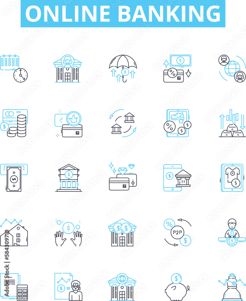 Online banking vector line icons set. Online, Banking, E-banking, Internet, Banking, Digital, Banking illustration outline concept symbols and signs