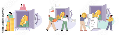 Time and money, deferred payment, financial system of global economy, capital investment, business timer countdown. Hourglass with coins and money turn into planet. World stock exchange vector set