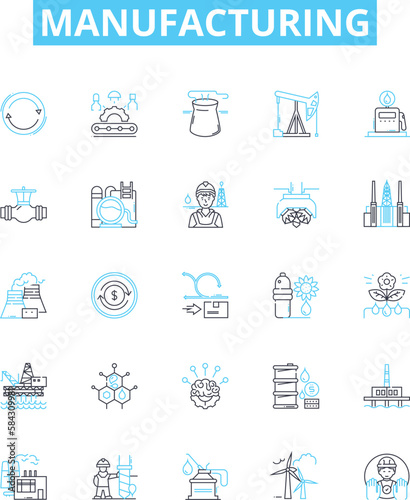 Manufacturing vector line icons set. Manufacturing, Production, Fabrication, Assembly, Processing, Assembling, Constructing illustration outline concept symbols and signs