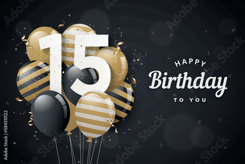 Canvas Print Happy 15th birthday balloons greeting card black background