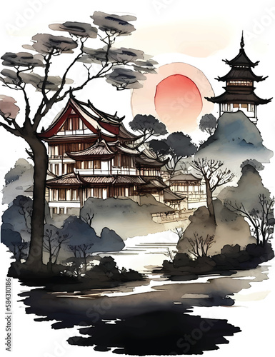Chinese ink landscape painting Ink landscape painting Landscape illustration Oriental Art Ink and wash illustration Landscape background
